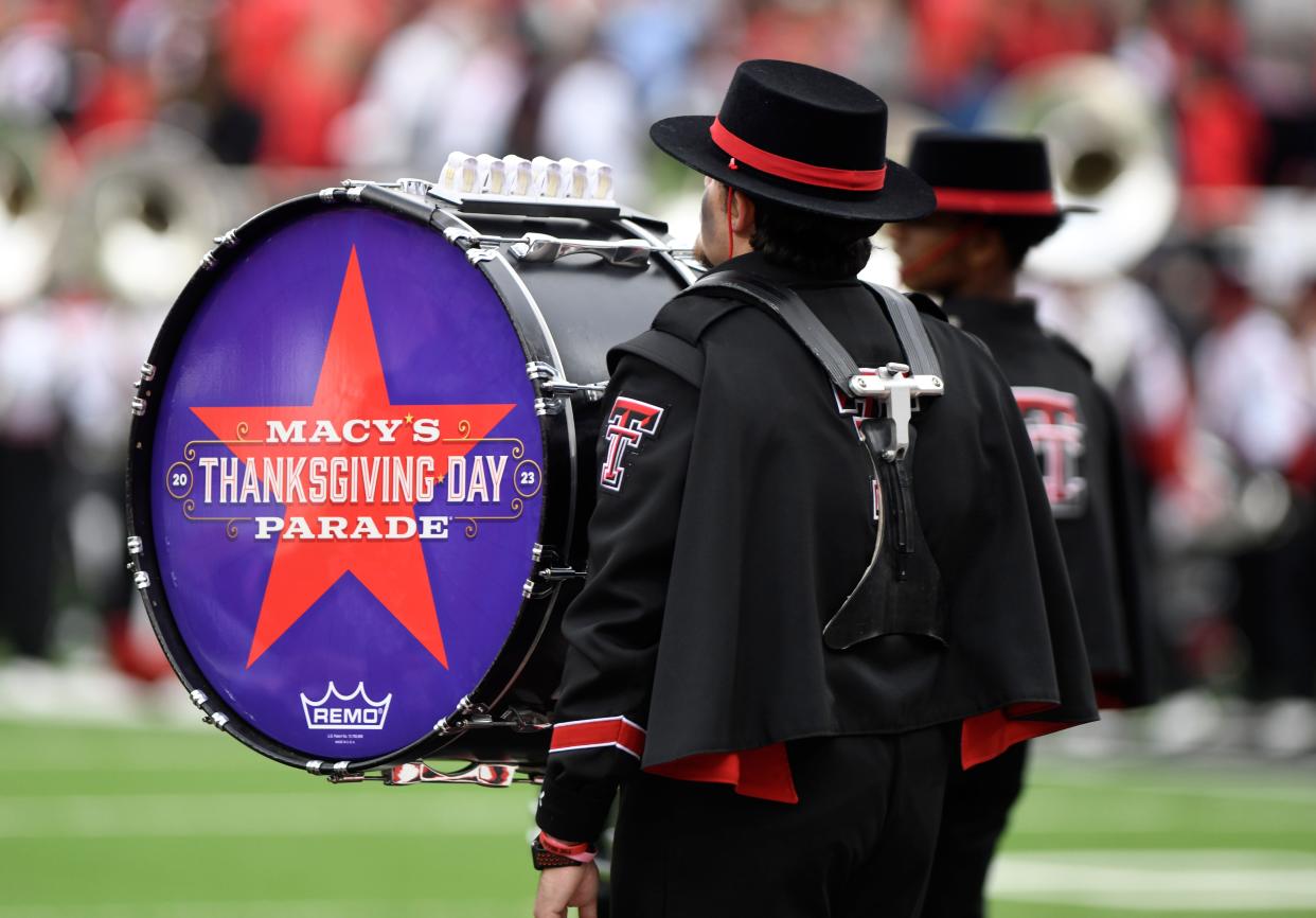 The Goin' Band's drums have "Macy's Thanksgiving Day Parade" on their drums during the Texas Tech game against UCF, Saturday, Nov. 18, 2023, at Jones AT&T Stadium.