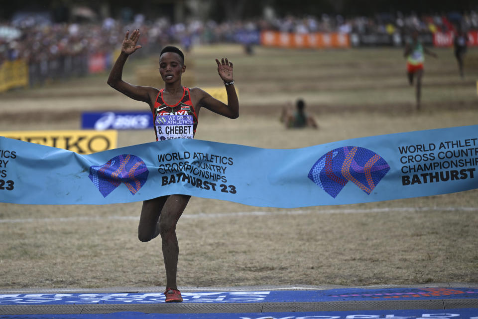 Beatrice Chebet of Kenya wins the senior women's race at the World Athletics Cross Country Championships in Bathurst, Australia, Saturday, Feb. 18, 2023. (Dean Lewins/AAP Image via AP)