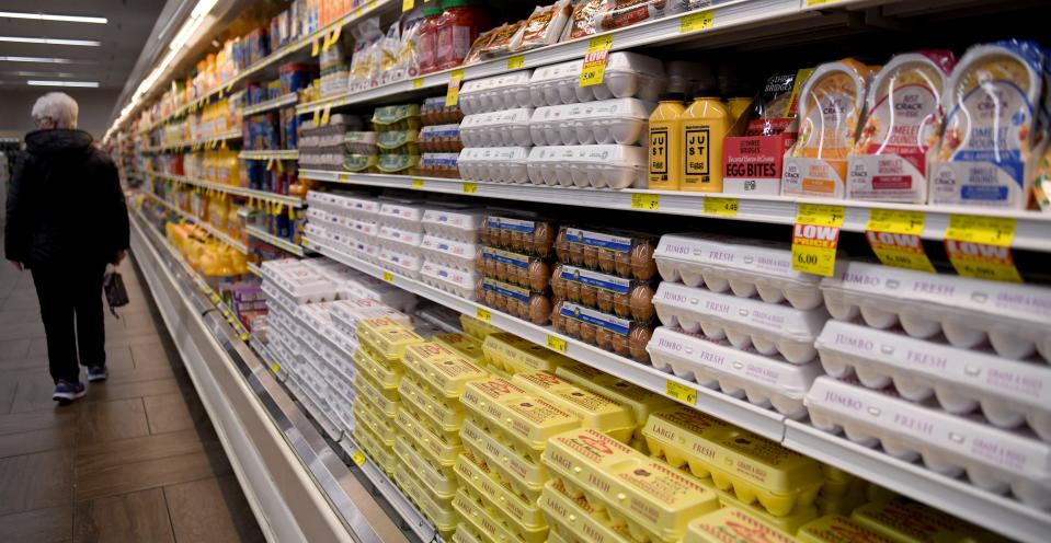 Egg cartons line the shelves of Acme Fresh Market on Whipple Avenue NW in Jackson Township. Egg prices have shot up, with most of the blame on avian influenza, or bird flu.