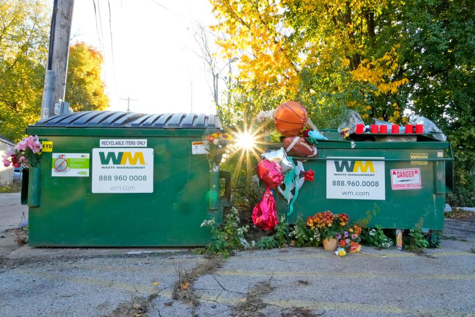 A makeshift memorial surrounds a dumpster near North Hawley Road and West Vliet Street where a 5-year-old Milwaukee boy, Prince McCree, was found dead Oct. 26, 2023.