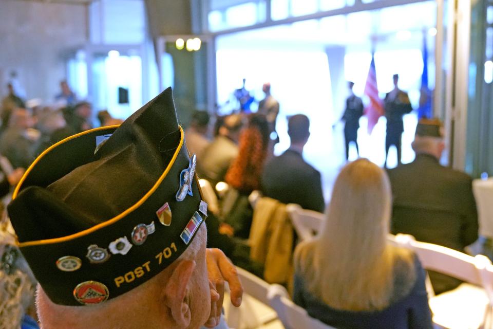 Veterans and attendees listen during a Milwaukee County September 11, 2001 Remembrance Ceremony at the Milwaukee County War Memorial Center on North Lincoln Memorial Drive in Milwaukee on Sunday, Sept. 11, 2022. The event remembered and honored the lives lost on the 21st anniversary of the September 11th terror attacks.