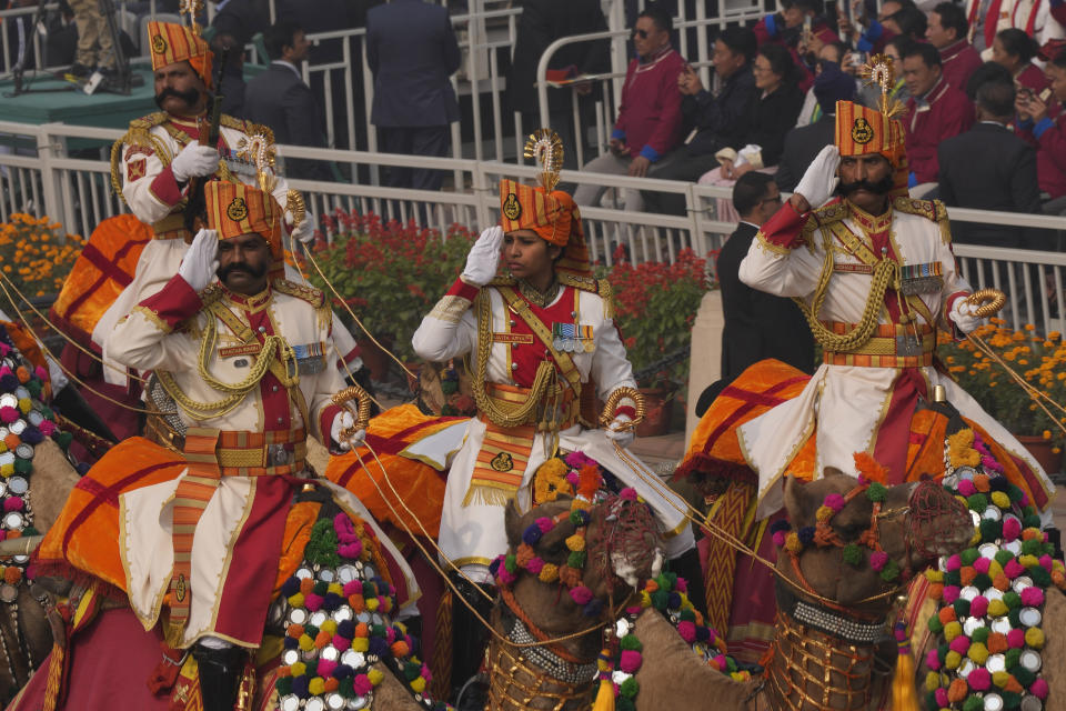 Camel mounted Indian Border security force soldiers march on the ceremonial street Kartavyapath boulevard during India's Republic Day parade celebrations in New Delhi, India, Friday, Jan. 26, 2024. (AP Photo/Manish Swarup)