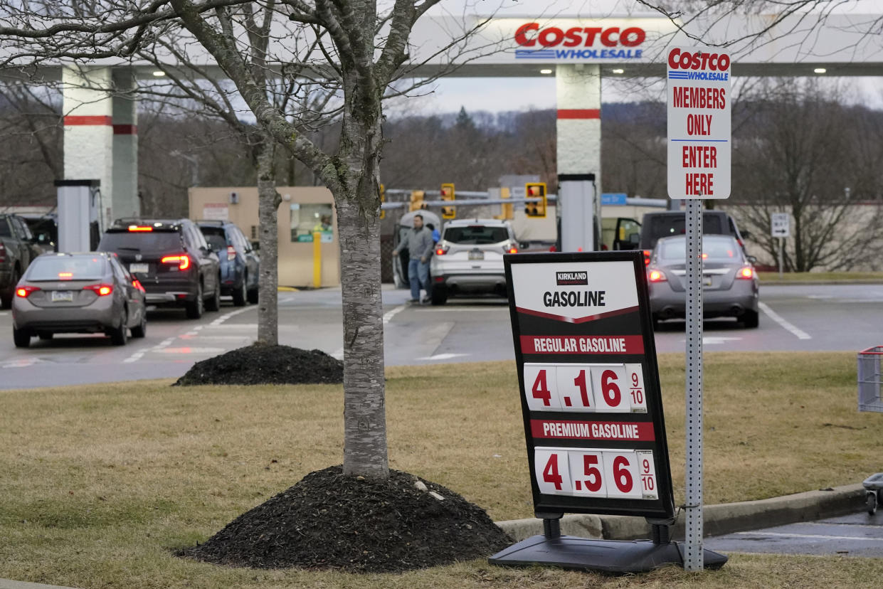 A gallon of regular unleaded gas is $4.16.9 at a Costco Wholesale store in Cranberry Township, Pa., Monday, March 7, 2022. (AP Photo/Gene J. Puskar)