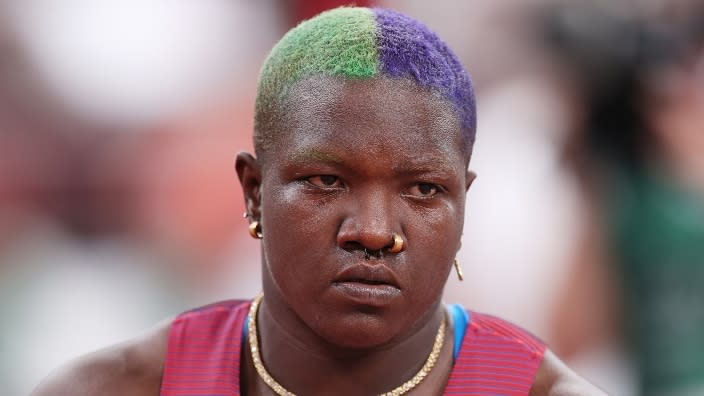 Raven Saunders of Team United States competes in the women’s shot put qualification on Day Seven of the Tokyo 2020 Olympic Games. (Photo by Patrick Smith/Getty Images)