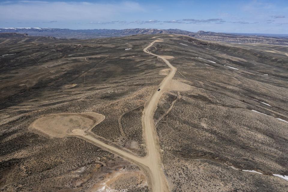 Pads have been cleared in preparation for massive wind turbines at Overland Trail Ranch.