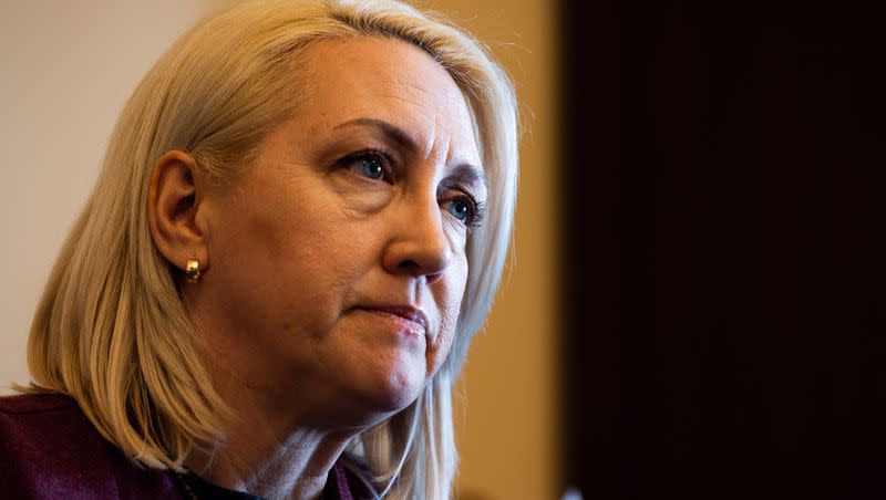 Rep. Karianne Lisonbee, R-Clearfield, speaks during an interview about a forthcoming abortion clinic licensing bill she’s sponsoring at the Utah Capitol in Salt Lake City on Thursday, Feb. 15, 2024.