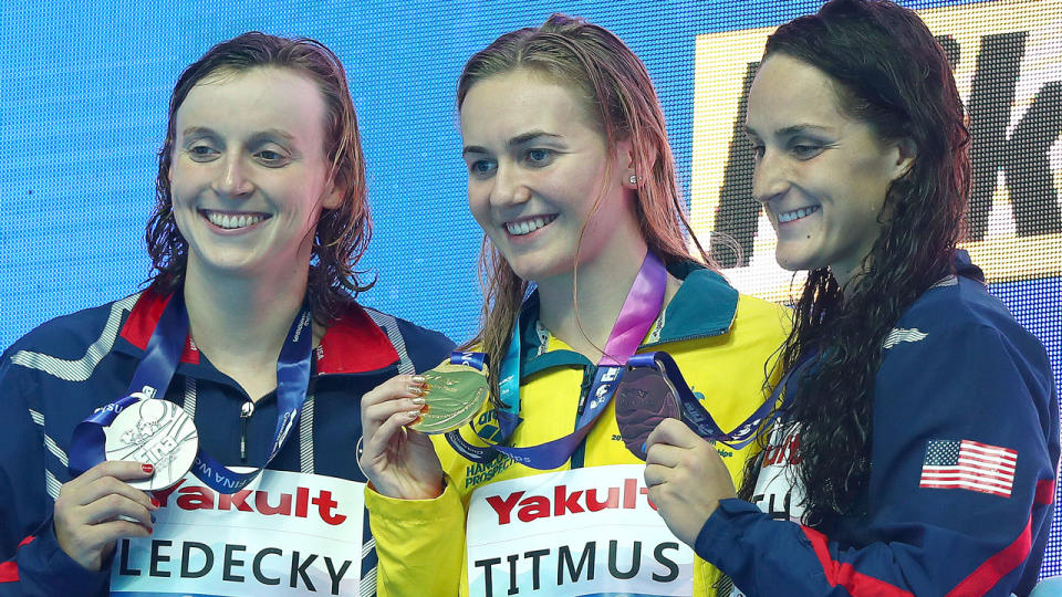 Ariarne Titmus stunned the swimming world when she upset Katie Ledecky to win gold. Pic: Getty