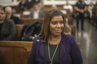 New York Attorney General Letitia James waits for the start of proceedings in New York State Supreme Court, Friday, Nov. 3, 2023 in New York. In a civil case brought by James, members of the Trump family and the Trump Organization are accused of inflating the value of properties by billions of dollars to obtain favorable loan terms from banks. (Dave Sanders/The New York Times via AP, Pool)