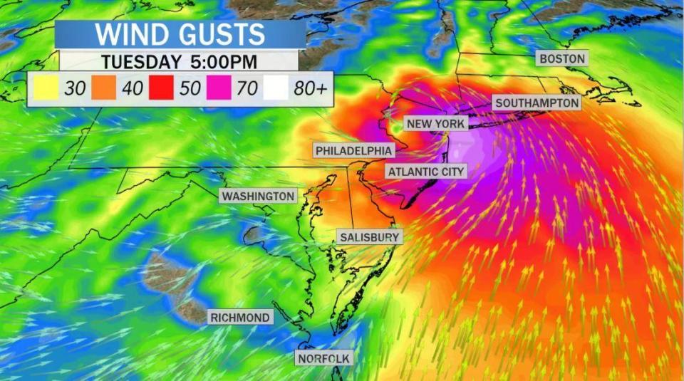 Map showing wing gust forecasts as Isaias pushes up the East Coast. / Credit: CBS News