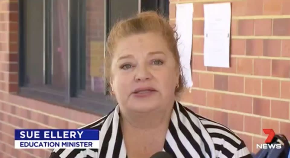 Education Minister Sue Ellery addresses the media on Wednesday. Source: 7 News