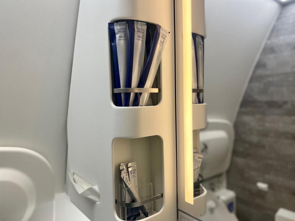 The toiletries in the ANA business class lavatory.