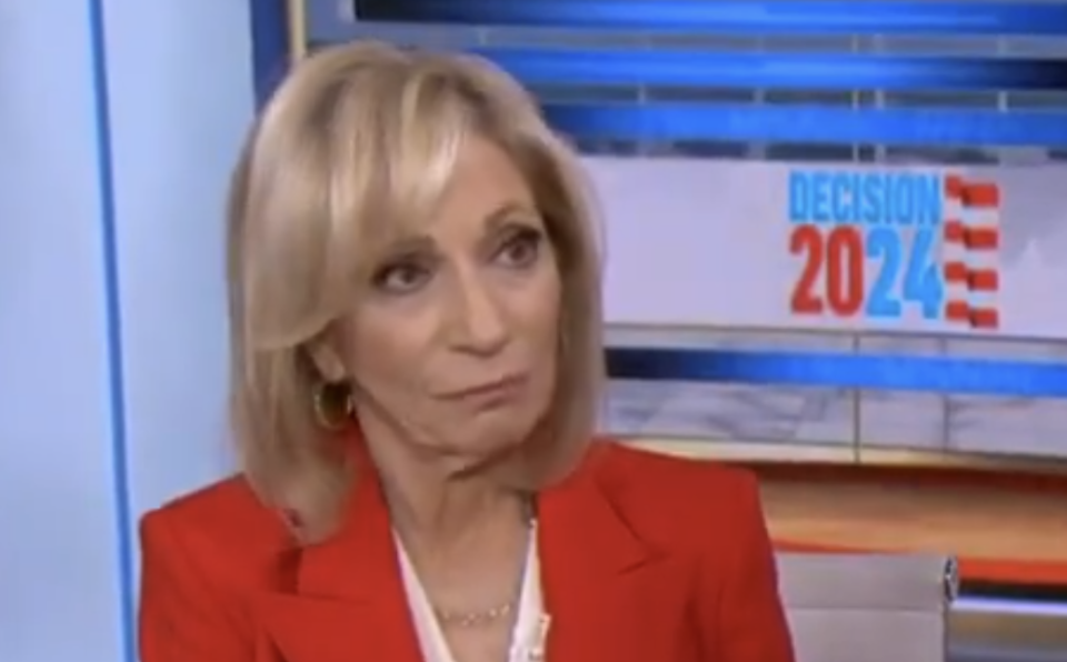 Andrea Mitchell in a red blazer discusses topics related to the upcoming "Decision 2024" elections on a news program