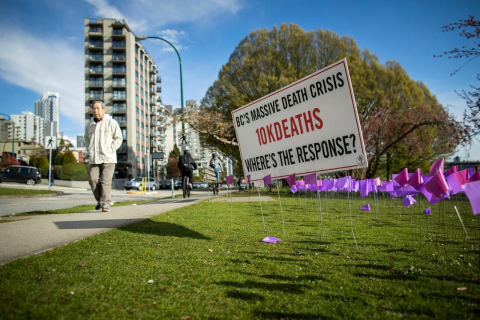 Flags that represent the lives lost due to drug overdoses are pictured during a Moms Stop The Harm memorial on the sixth anniversary of the opioid public health emergency in Vancouver, British Columbia on Thursday, April 14, 2022.