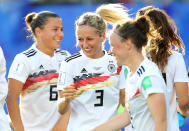 Kathrin Hendrich of Germany celebrates victory with her team mates after the 2019 FIFA Women's World Cup France Round Of 16 match between Germany and Nigeria at Stade des Alpes on June 22, 2019 in Grenoble, France. (Photo by Elsa/Getty Images)