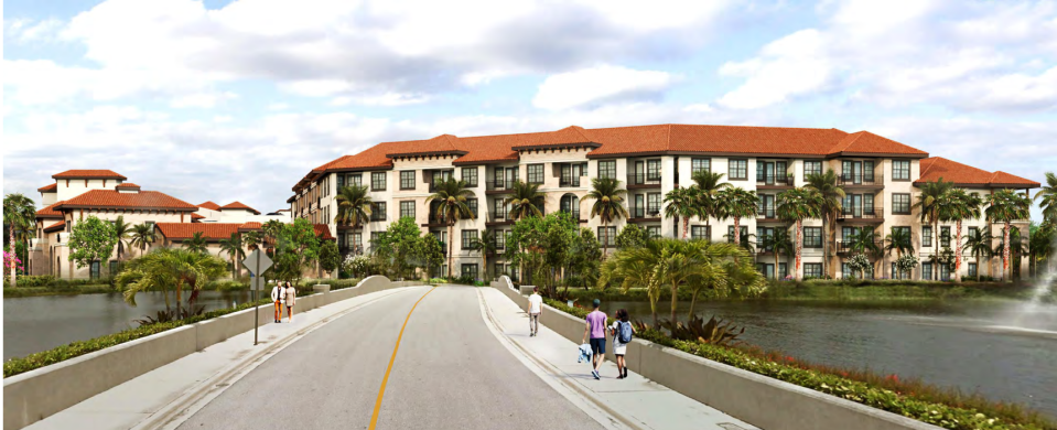 Rendering of a four-story apartment project that could rise on the southeast corner of Central Boulevard and Victoria Falls Boulevard, as approved earlier this month by the Palm Beach Gardens planning board.