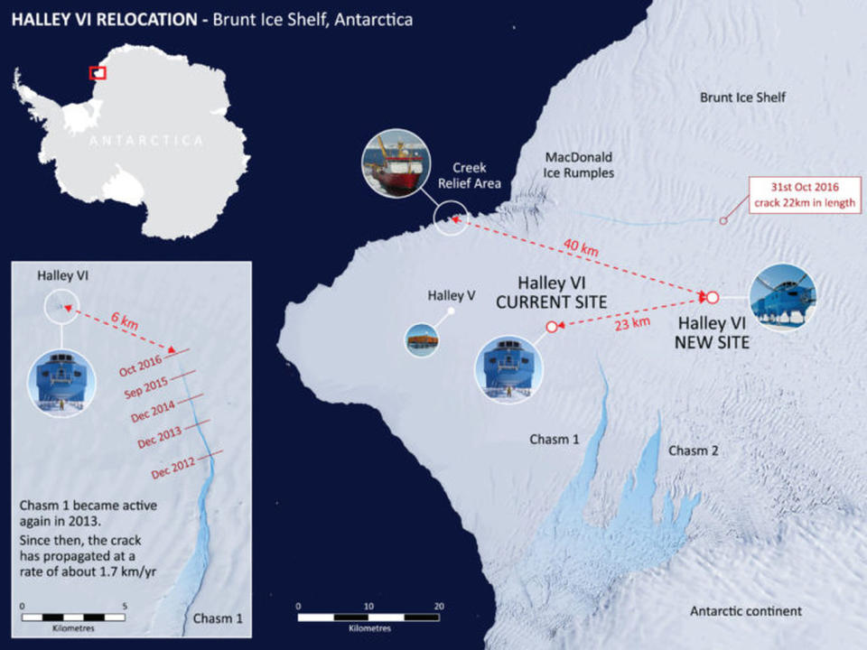 A growing chasm in the ice southeast of the base threatens to cut the Halley VI base off from the main ice shelf. <cite>British Antarctic Survey</cite>