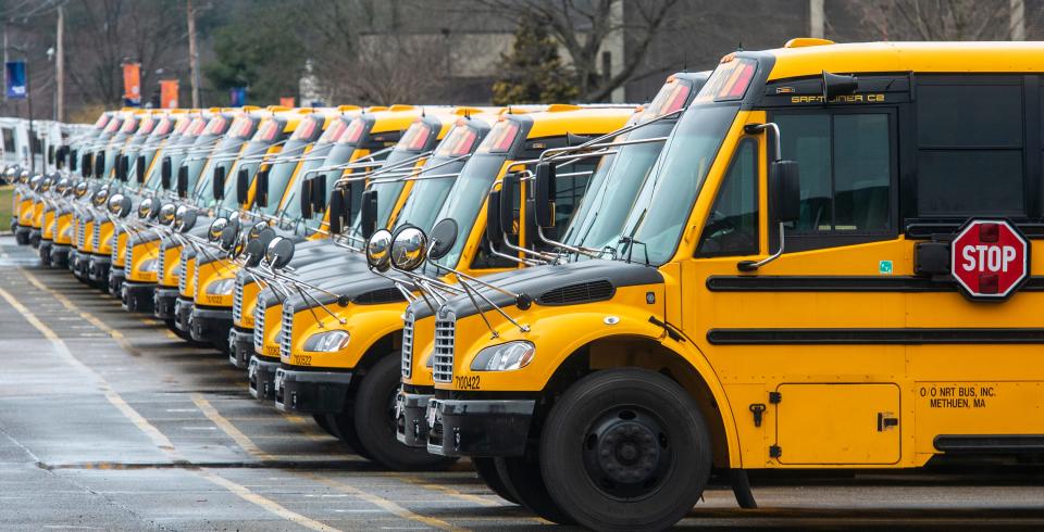 Framingham school buses parked in the Fountain Street lot, March 29, 2024.