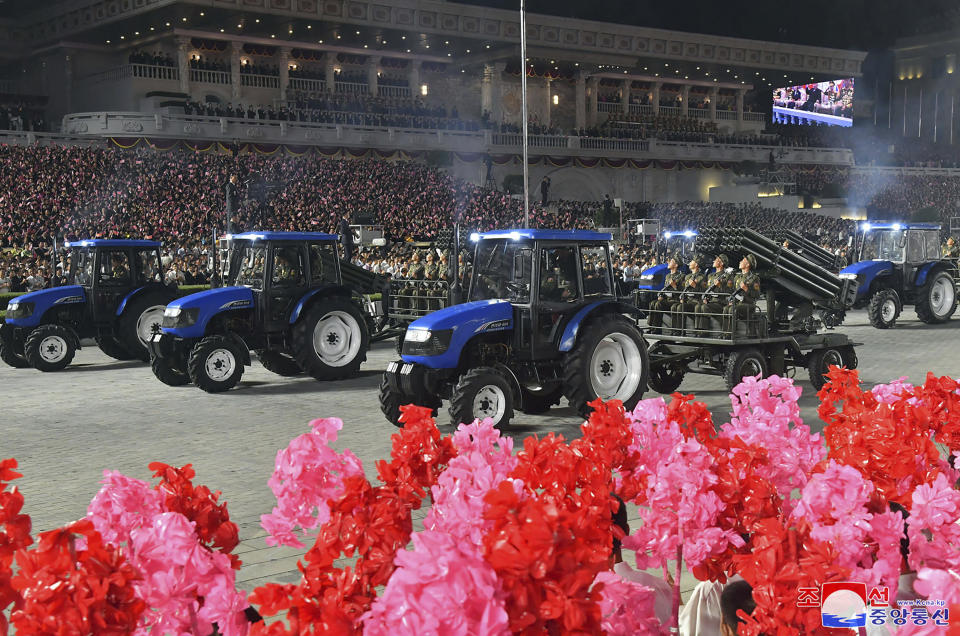 This photo provided Saturday, Sept. 9, 2023, by the North Korean government shows rocket launchers pulled by tractors during the paramilitary parade ceremony marking North Korea’s 75th founding anniversary at Kim Il Sung Square in Pyongyang, North Korea, Friday, Sept. 8. Independent journalists were not given access to cover the event depicted in this image distributed by the North Korean government. The content of this image is as provided and cannot be independently verified. Korean language watermark on image as provided by source reads: "KCNA" which is the abbreviation for Korean Central News Agency. (Korean Central News Agency/Korea News Service via AP)