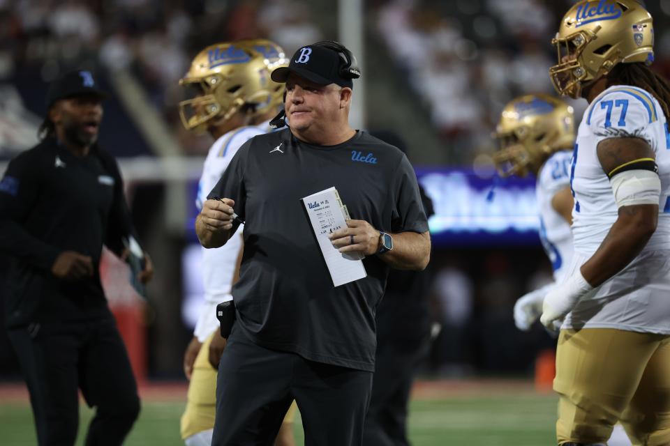 November 4, 2023; Tucson, Arizona, USA; UCLA Bruins head coach Chip Kelly on the sidelines during the first half at Arizona Stadium. Mandatory Photo Credit: Zachary BonDurant-USA TODAY Sports