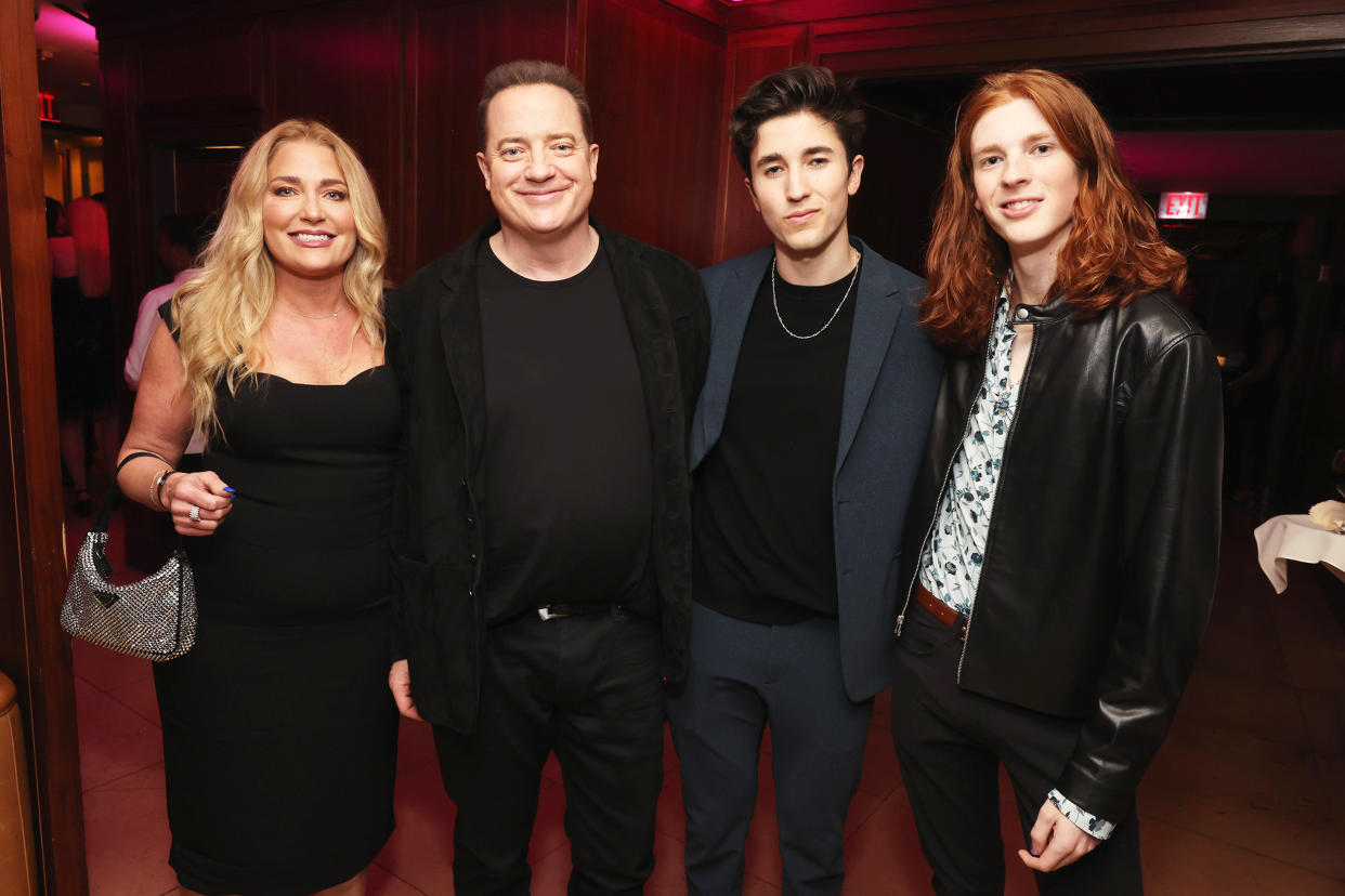 Jeanne Moore, Brendan Fraser, Holden Fletcher Fraser, and Leland Francis Fraser at the The CAA Pre-Oscar Party on March 10, 2023 in Los Angeles, CA. (Randy Shropshire / Getty Images)