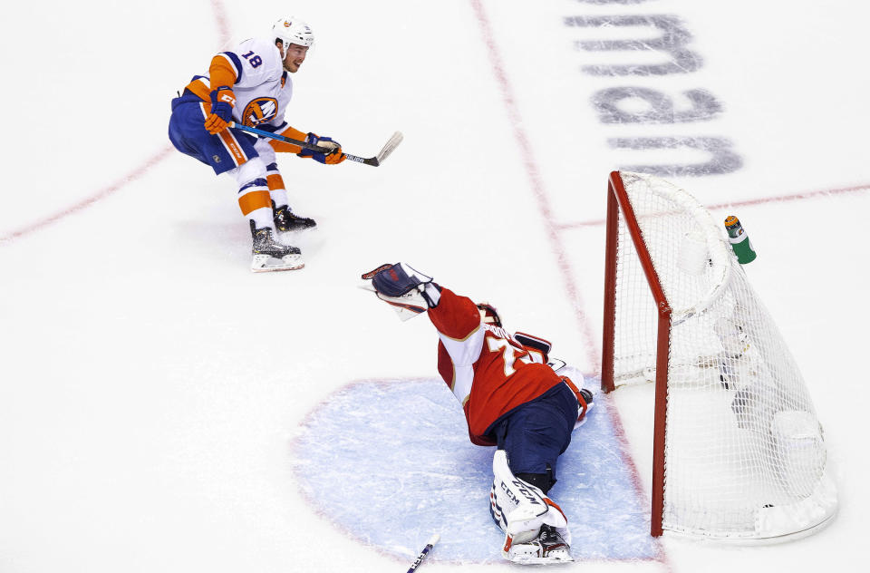 New York Islanders left wing Anthony Beauvillier (18) scores on Florida Panthers goaltender Sergei Bobrovsky during the first period of an NHL hockey game in Toronto, Friday, Aug. 7, 2020. (Chris Young/The Canadian Press via AP)