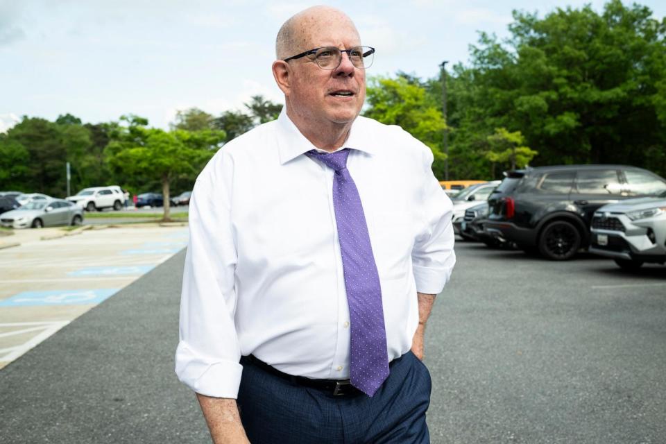 PHOTO: Larry Hogan, former governor and U.S. Republican Senate candidate for Maryland, stands outside a polling station at Potomac Community Recreation Center, May 7, 2024, in Potomac, Md. (Graeme Sloan/Bloomberg via Getty Images)