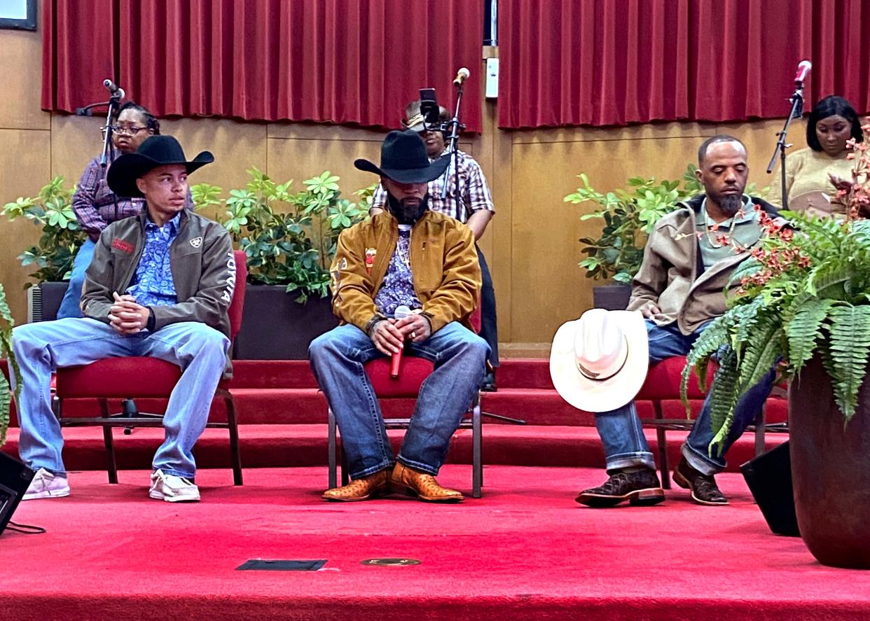 Rodeo cowboys Lamarr Hankins, Damon Hopkins Sr. and Marcus Verser visit Fifth Street Baptist Church during the northeast Oklahoma City's house of worship's "Western Day" Sunday as part of 2024 Black History Month. [Carla Hinton]