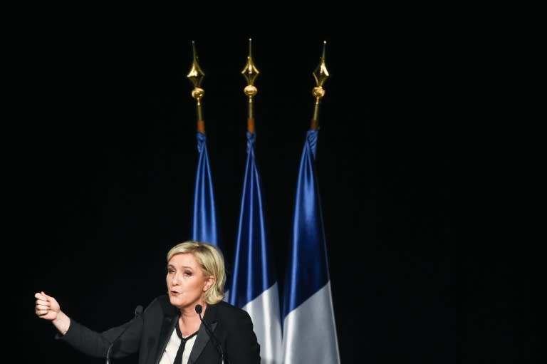 French presidential election candidate for the far-right Front National (FN) party Marine Le Pen gestures as she speaks during a rally in Monswiller, north-eastern France, on April 5, 2017