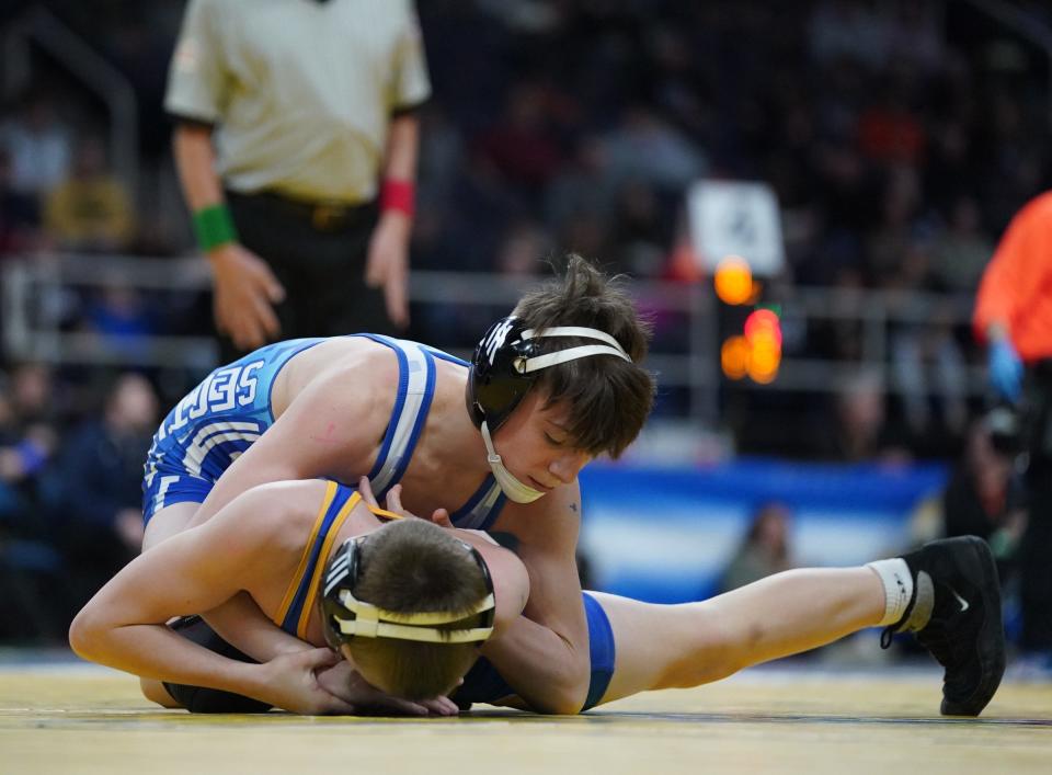 Newburgh's Cooper Merli wrestles in a 102-pound semifinal match at the NYSPHSAA Wrestling Championships at MVP Arena in Albany, on Saturday, February 25, 2023.