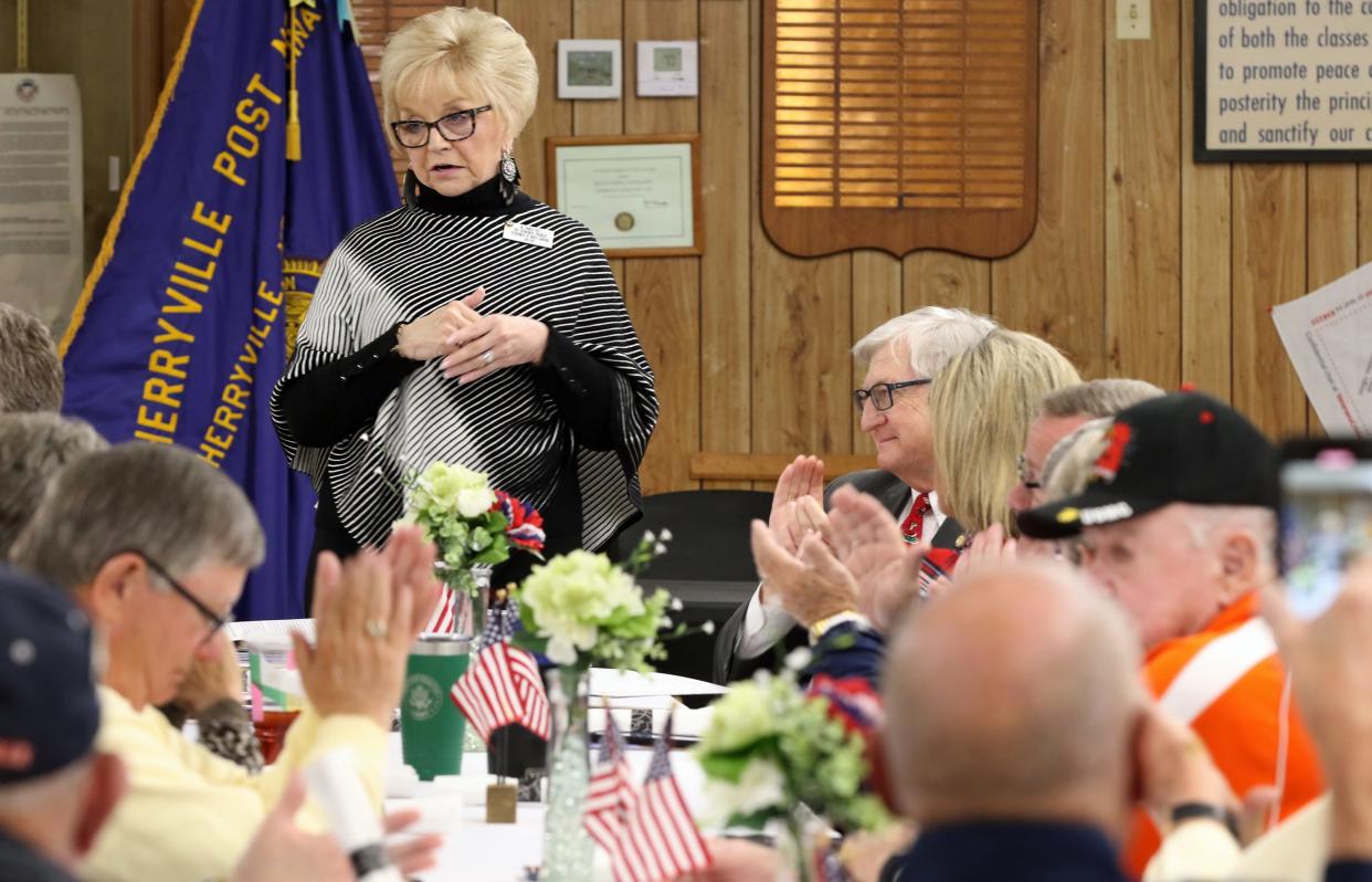 Jill Parker Puett talks at the American Legion on Pink Street in Cherryville Thursday morning, Dec. 7, 2023, during funding event for Fraley Field and the city of Cheryville.