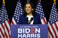 Sen. Kamala Harris, D-Calif., speaks after Democratic presidential candidate former Vice President Joe Biden introduced her as his running mate during a campaign event at Alexis Dupont High School in Wilmington, Del., Wednesday, Aug. 12, 2020. (AP Photo/Carolyn Kaster)