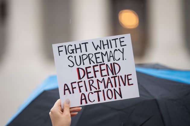 Protesters gather in front of the U.S. Supreme Court as affirmative action cases involving Harvard and the University of North Carolina admissions are heard on Oct. 31, 2022. 