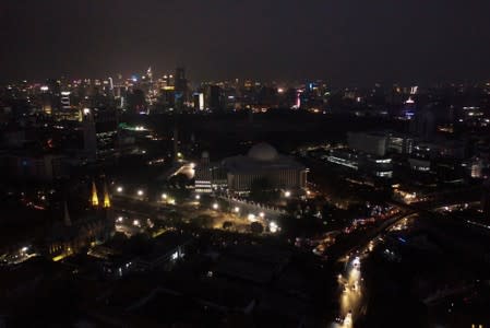 An aerial view of the great mosque of Istiqlal during a major power blackout in Jakarta