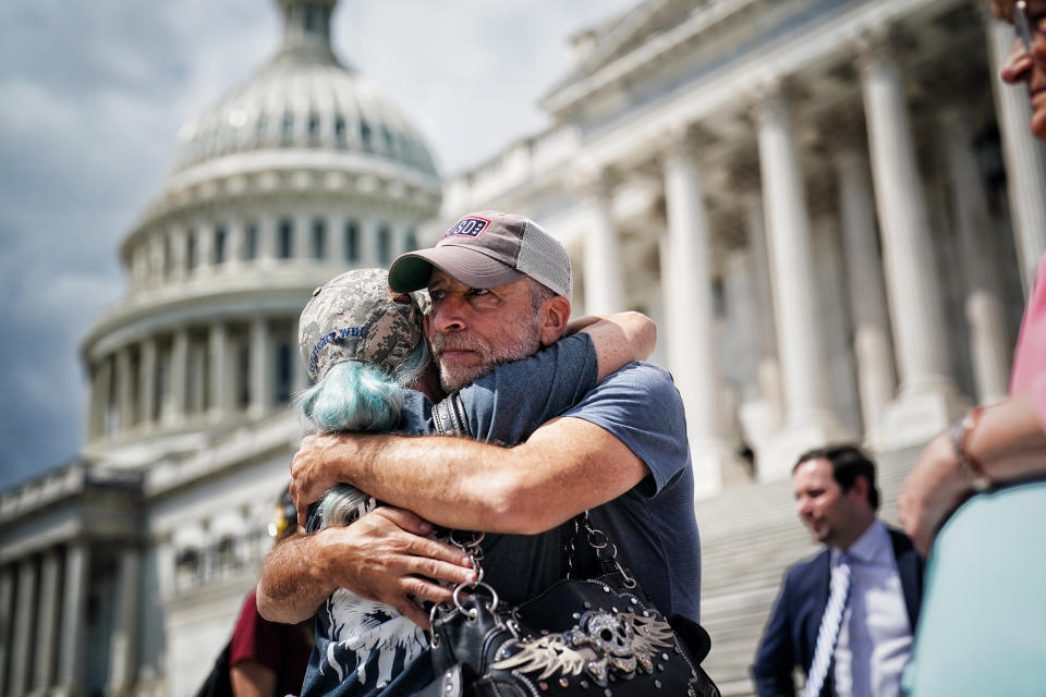 Image: Jon Stewart during a rally to call on the Senate to pass the Pact Act on Aug. 1, 2022. (Frank Thorp V / NBC News)
