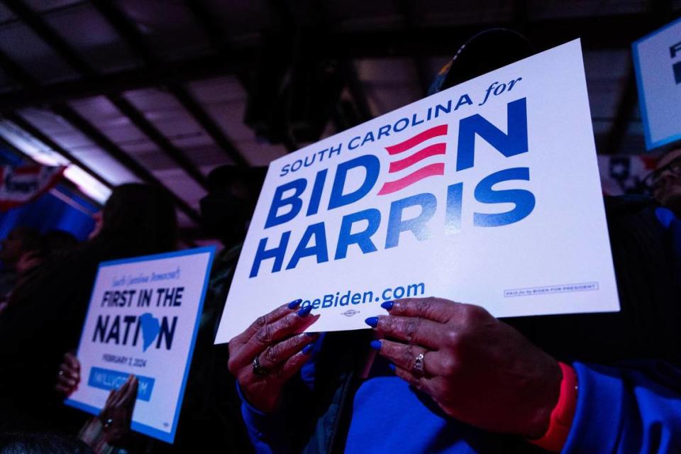 Democrats watch the returns come in during the South Carolina Democratic Party primary on Saturday, February 3, 2024.