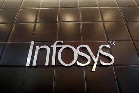 The logo of Infosys is pictured inside the company's headquarters in Bengaluru, India, April 13, 2017. REUTERS/Abhishek N. Chinnappa/Files
