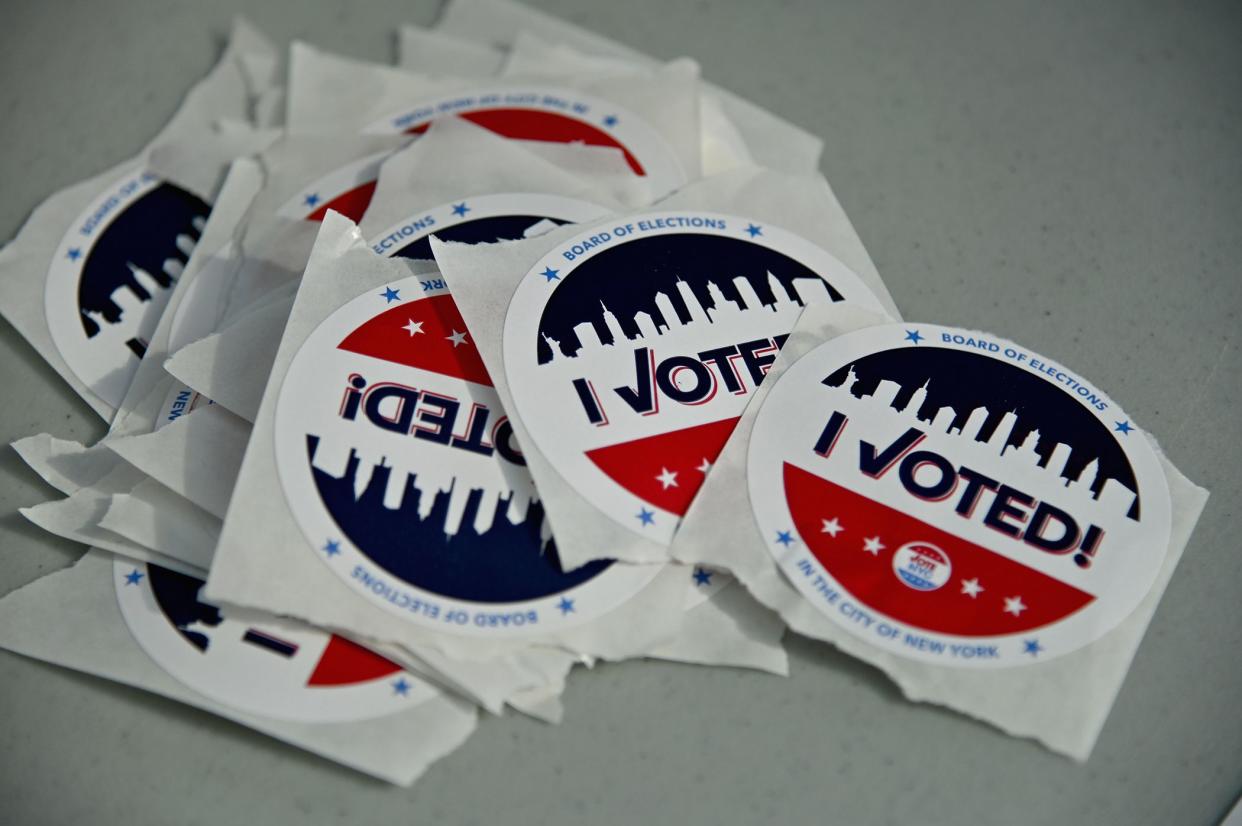 "I voted" stickers sit on a table at the Brooklyn Museum polling site during the New York Democratic presidential primary elections on June 23, 2020 in New York City. 