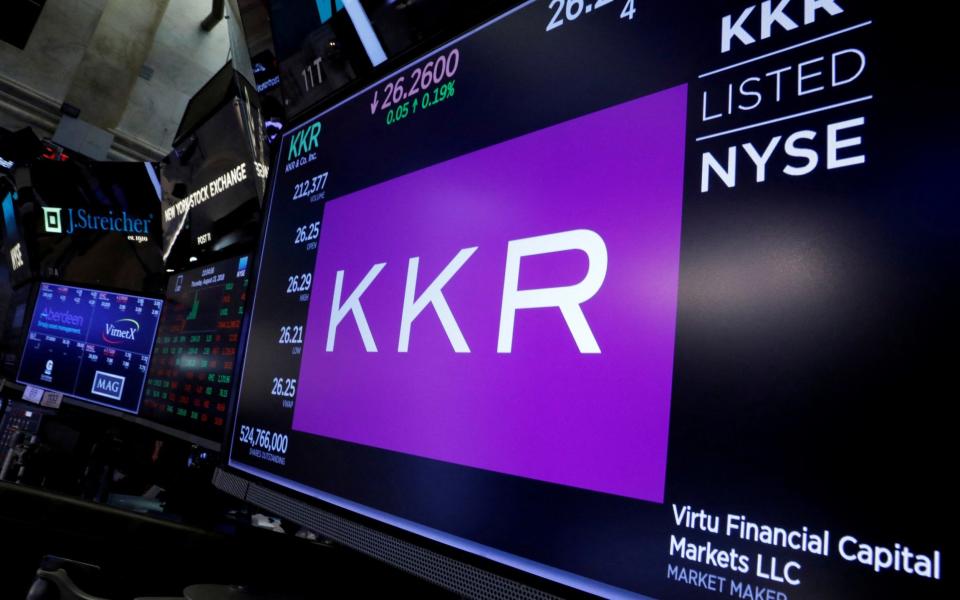 Trading information for KKR is displayed on a screen at the New York Stock Exchange