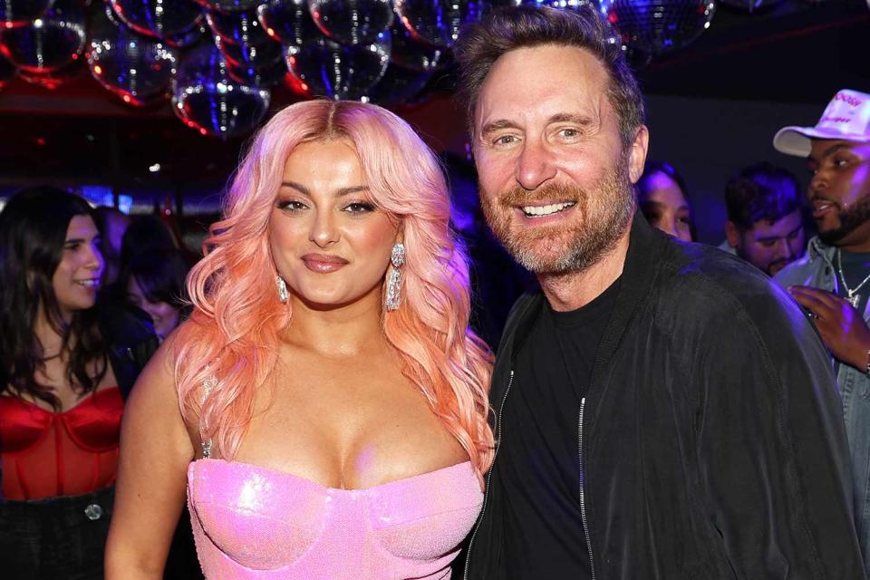 <p>Jerritt Clark/Getty</p> Bebe Rexha and David Guetta in West Hollywood in April 2023