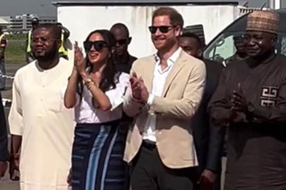 <p>Simon Perry/Instagram</p> Meghan Markle and Prince Harry arrive in Lagos on May 12, 2024