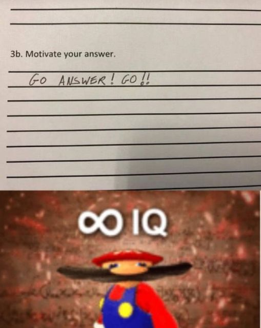 A handwritten response urges the reader to "GO ANSWER! GO!!" An edited image below features a distorted version of Mario with the text "IQ" above him