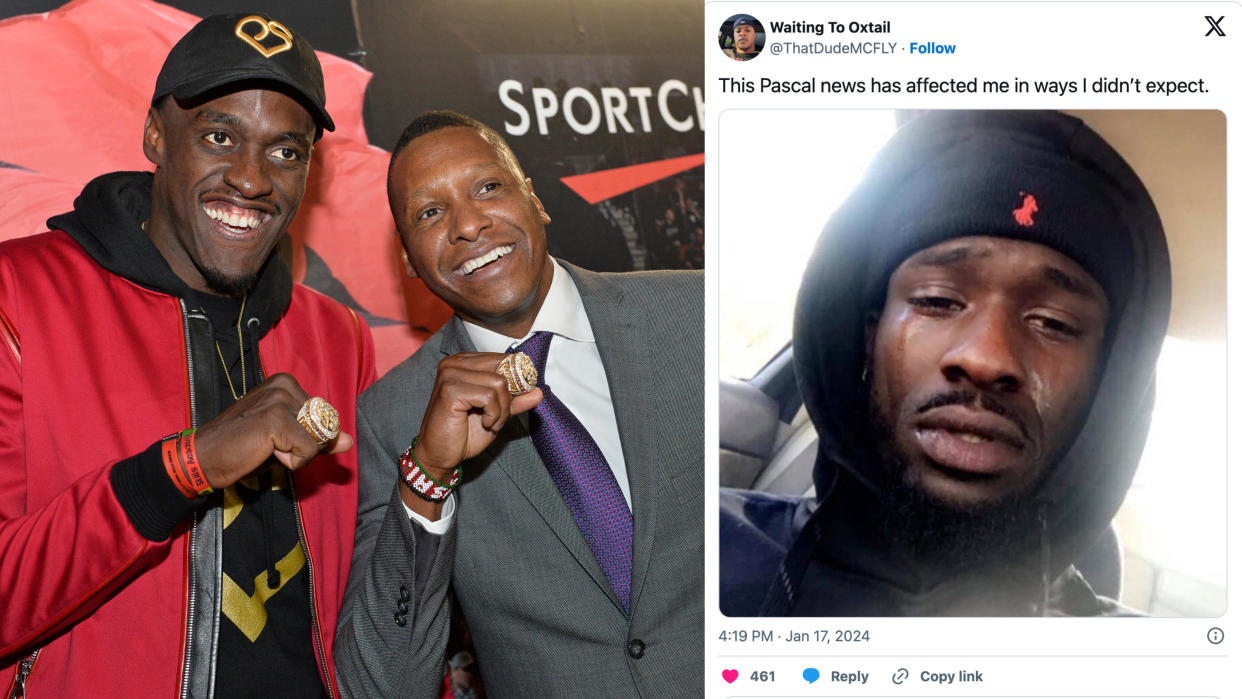 (left) Pascal Siakam and Masai Ujiri pose with their NBA Championship rings. (right) NBA fan's X post on how sad he is about Siakam being traded from the Raptors