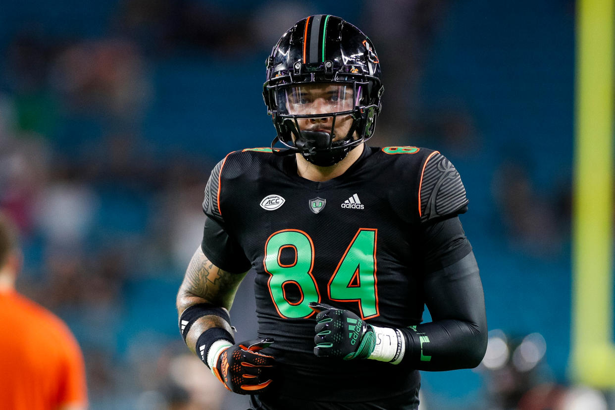 MIAMI GARDENS, FLORIDA - OCTOBER 7: Cam McCormick #84 of the Miami Hurricanes warms up prior to a game against the Georgia Tech Yellow Jackets at Hard Rock Stadium on October 7, 2023 in Miami Gardens, Florida. (Photo by Brandon Sloter/Image Of Sport/Getty Images)