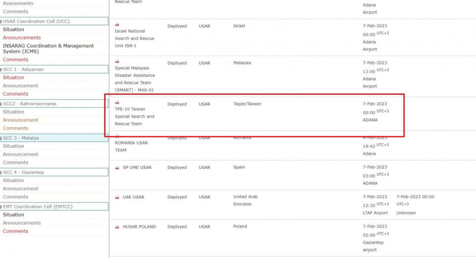 ▲聯合國虛擬現場行動協調中心網站，台灣搜救隊正式列表。