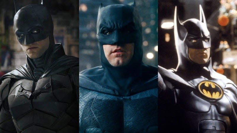 pattinson, affleck, and keaton as batman