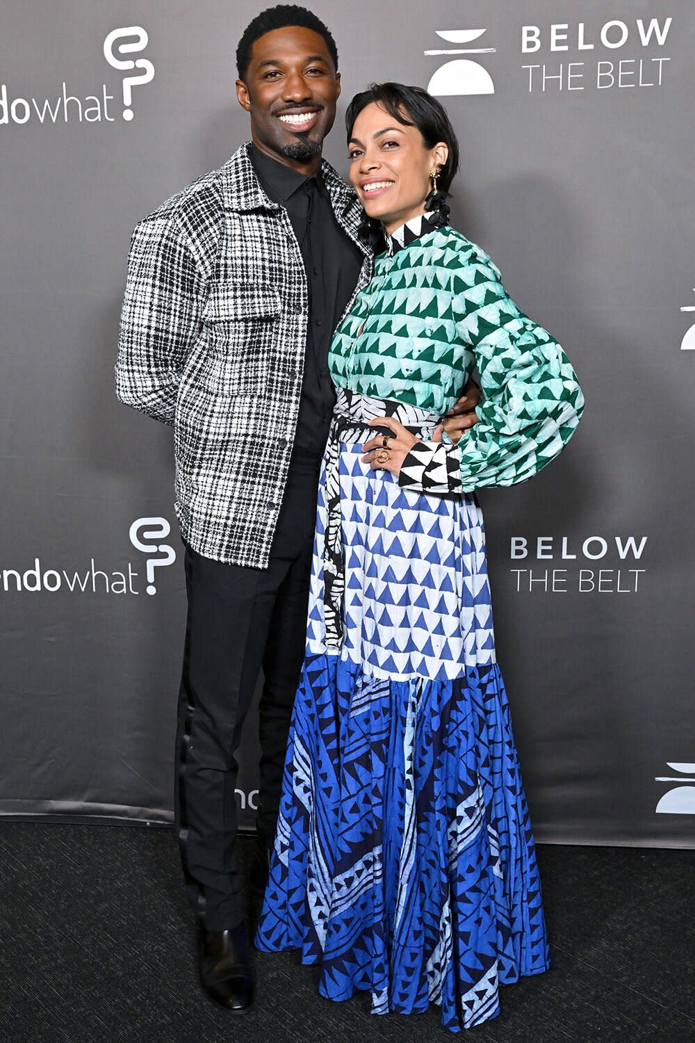 Nnamdi Okafor and Rosario Dawson attend the Los Angeles Screening of "Below The Belt" at Directors Guild Of America on October 01, 2022 in Los Angeles, California.