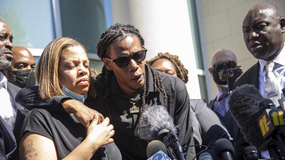 Andrew Brown Jr.'s son Khalil Ferebee, speaks outside the Pasquotank County Public Safety building in Elizabeth City, N.C. on Monday April 26, 2021 after viewing 20 seconds of police body camera video. (Travis Long/The News & Observer via AP)