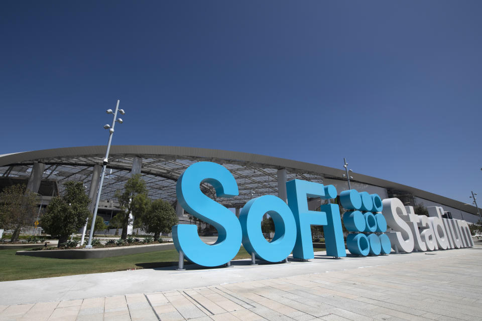 General exterior view of SoFi Stadium, the future home of the Los Angeles Rams Saturday, Aug. 29, 2020, in Inglewood, Calif. (AP Photo/Kyusung Gong)