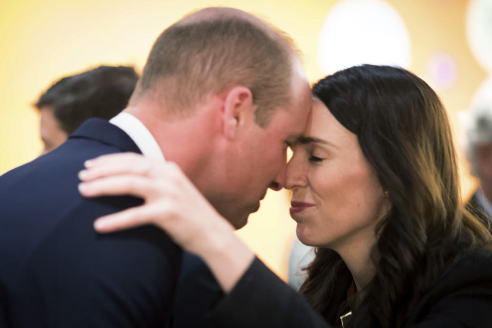 In this April 25, 2019, file photo, Britain's Prince William and New Zealand's Prime Minister Jacinda Ardern attend an Anzac Day service at Auckland War Memorial Museum in Auckland, New Zealand. (Mark Tantrum/The New Zealand Government via AP, File)