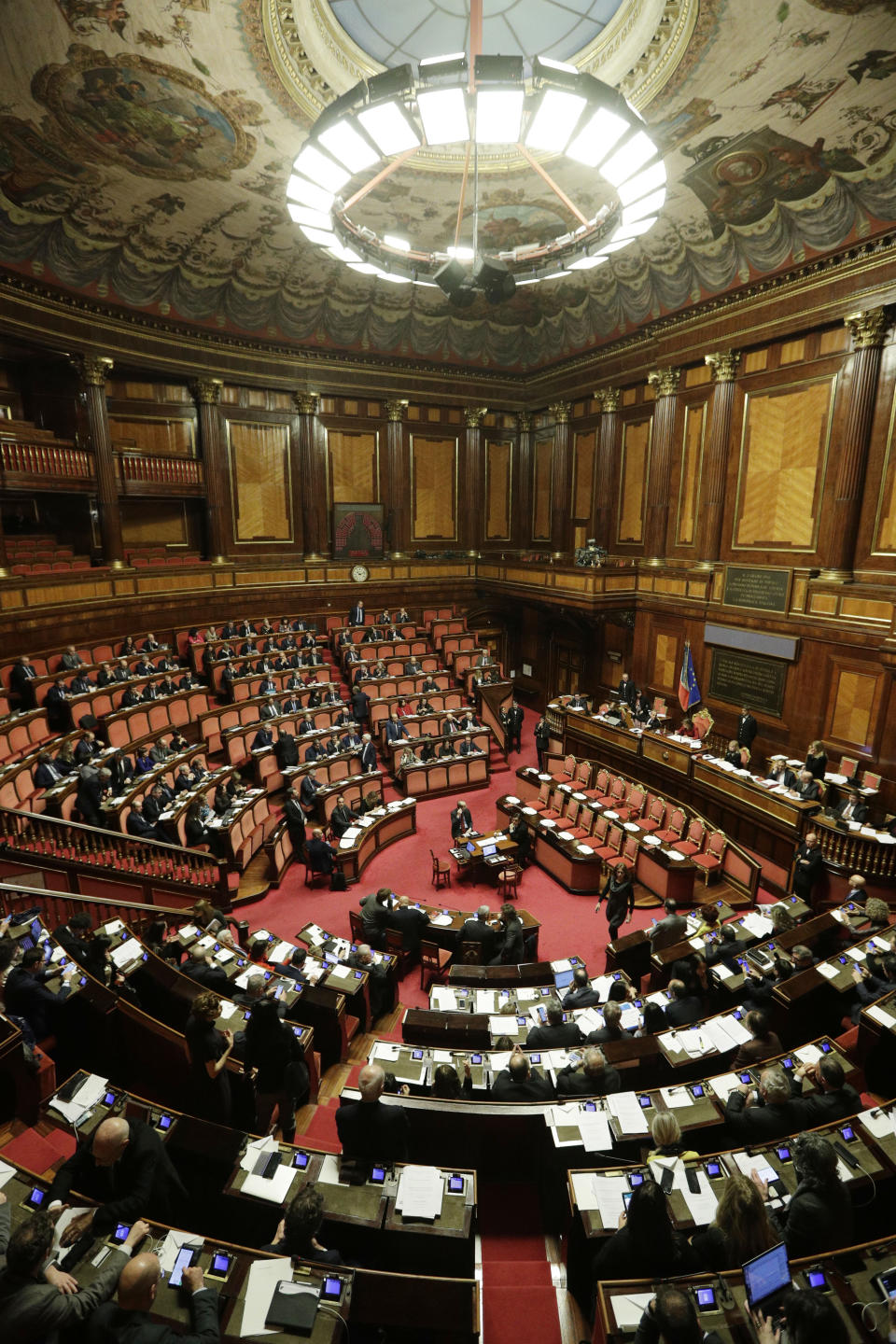 A view of the Italian Senate during the debate on whether to allow opposition populist leader Matteo Salvini to be prosecuted – as he demands to be -- for alleging holding migrants hostage for days aboard a coast guard ship instead of letting them immediately disembark in Sicily while he was interior minister. (AP Photo/Andrew Medichini)